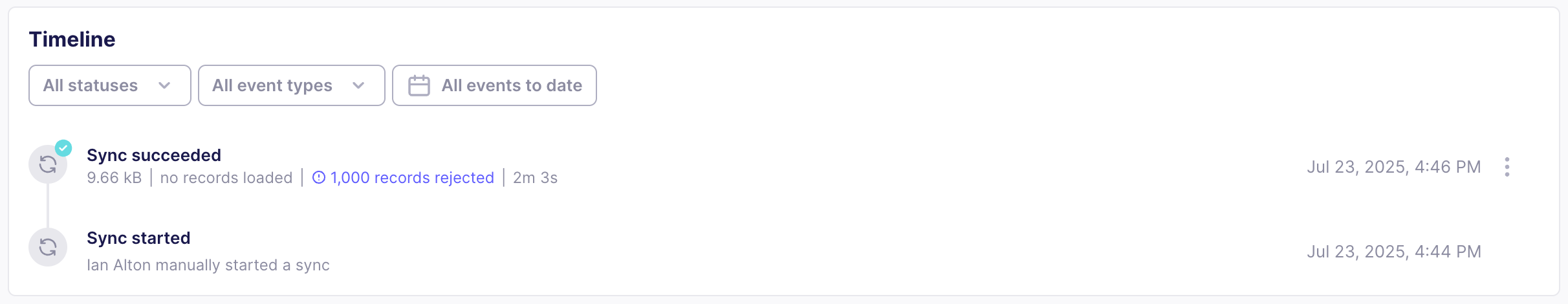 Screenshot of rejected records in the connection Timeline